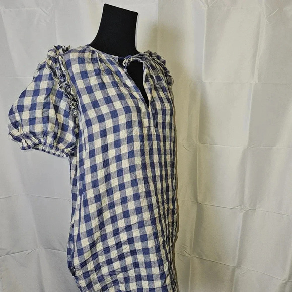 Olivaceous blue and white checkered 100% linen‎ midi dress - Picture 3 of 14